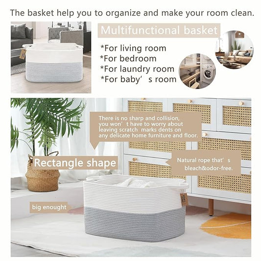 COMFY-HOMI Large Rectangle Laundry Storage Basket | Cotton Rope Woven, Organizing with Handle | Dirty Cloth & Baby Shower Basket | 22x15x12' - White/Grey-NeatNest