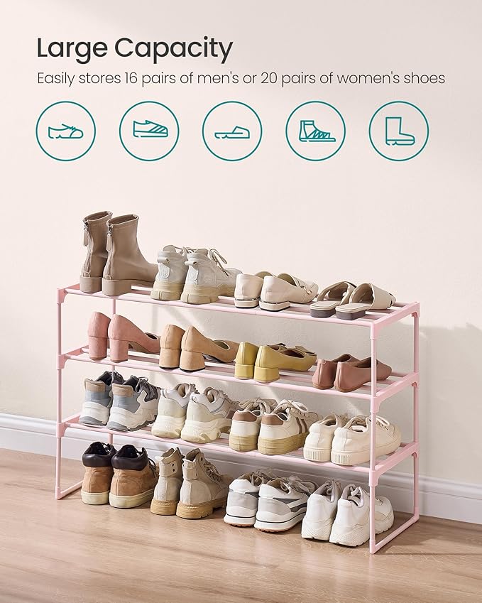 SONGMICS Shoe Rack, 3-Tier Shoe Organizer, Metal Storage Shelf, Upright or Upside Down, for 16-20 Pairs, Stackable, for Entryway, 11.8 x 36.2 x 21.7 Inches, Jelly Pink ULSA303S01-NeatNest