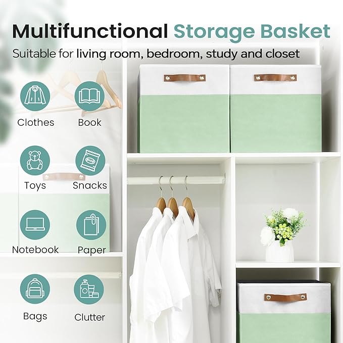 6-Pack Collapsible Fabric Storage Cubes with Handles & Label Holders, Closet Cube Home Organizer Bins (White/Sage Green, 13 x 13 x 13 inch)