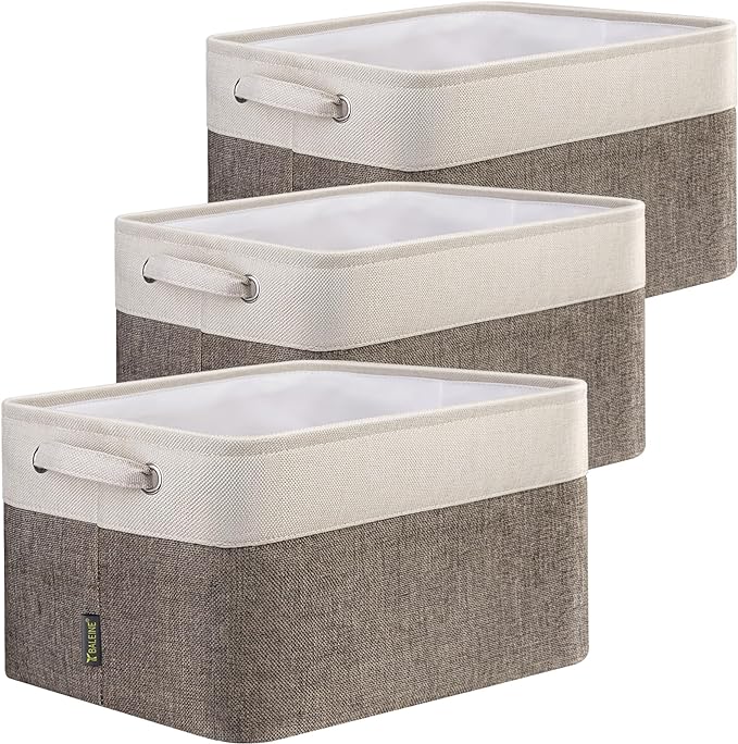 BALEINE 3 Pack Fabric Storage Bins for Shelves, Linen Storage Baskets for Organizing, Decorative Closet Bins for Clothes, Home (Brown, 15"x11"x9.5") -NeatNest