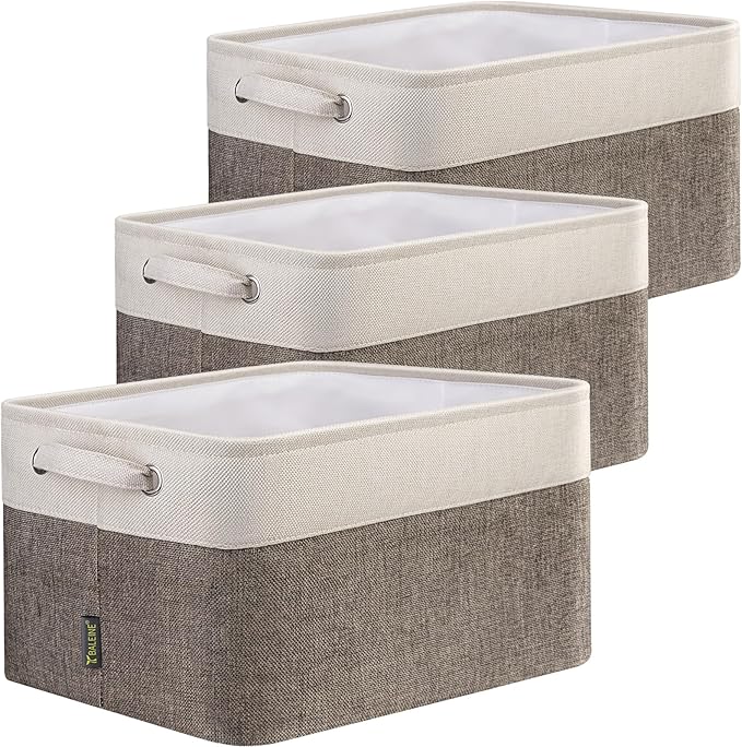 BALEINE 3 Pack Fabric Storage Bins for Shelves, Linen Storage Baskets for Organizing, Decorative Closet Bins for Clothes, Home (Brown, 12"x8"x8")-NeatNest