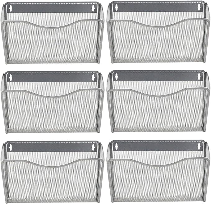 EASEPRES 6 Single Pocket Mesh Hanging File Organizer, Vertical Wall Mounted Magazine File Holder, Mount Basket Mail Paper Document Folder Organizing for Office, Home and School, Silver