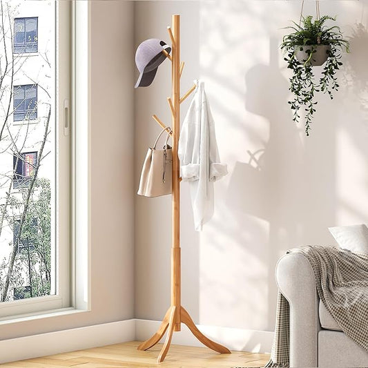 Coat Rack Freestanding, Bamboo Wood Coat Stand with 8 Hooks,3 Adjustable Size,Easy Assembly NO Tools Required, Coat Tree Hanger Stand for CoatsScarves in Hallway-NeatNest