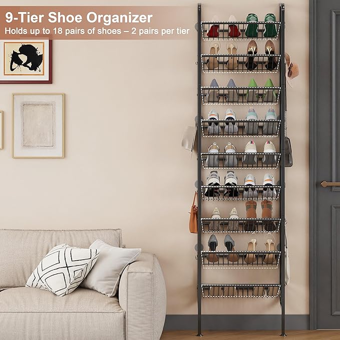 UMDONX 9 Layer Shoe Rack for 18 Pairs Shoes, Freestanding Shoe Organizer with 12 Hooks & 8 Adhesive Pads, Space-Saving Vertical Storage for Entryway and Walk-in Closet