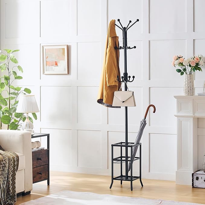 FAVOOSTY Coat Rack Freestanding,Coat Rack Stand with Umbrella Holder,Metal Coat Tree with 12 Hooks,Tree Clothes Hat for Entryway, Hallway, Bedroom, Living Room & Office -Black-NeatNest