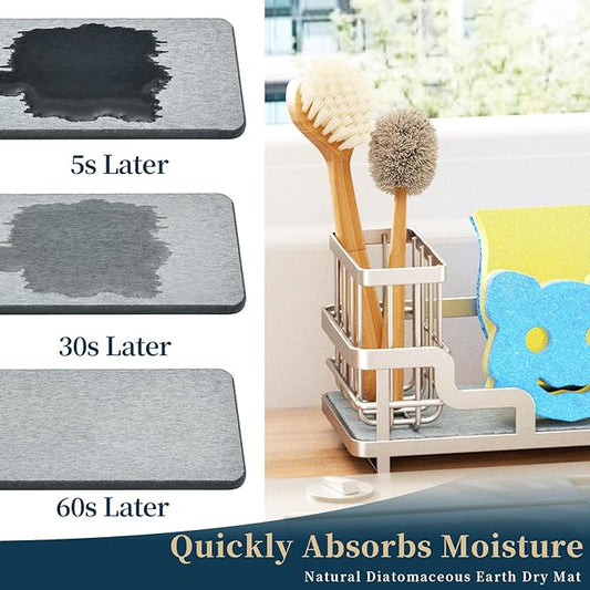 Consumest Sponge Holder for Kitchen Sink - Sink Caddy Organizer with Water Absorbing Stone Tray, Detachable Brush Holder, Stainless Steel Kitchen Counter Organizer Rack, Sand Nickel-NeatNest