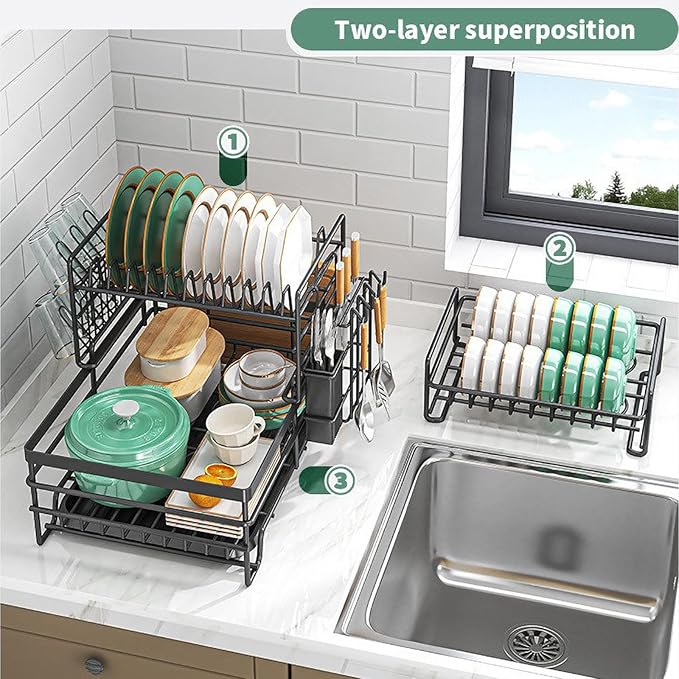 MIUOPUR 3 Tier Detachable Dish Drying Rack with Drainboard, Large Capacity Dish Drainer with Utensil Holder, Space-Saving Kitchen Counter Organizer for Plates, Bowls, Cups, Cutlery, Knifes