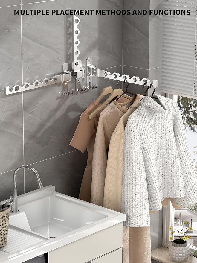 Dr.DJ Wall Hanger for Clothes, Coat Hanger Wall Mounted Silver Retractable Clothes Drying Organizer Rack Garment Hooks Aluminium Folding Indoor Space Save (2 Racks) Silver-NeatNest