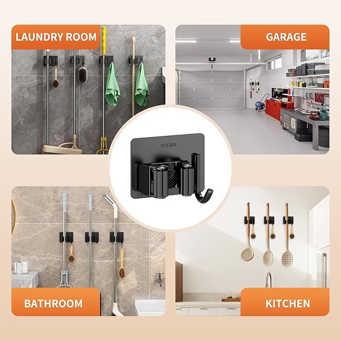 Broom Holder Wall Mount, Mop and Broom Holder Wall Mount with Hooks, Stainless Steel Broom Holders 4Pcs-NeatNest