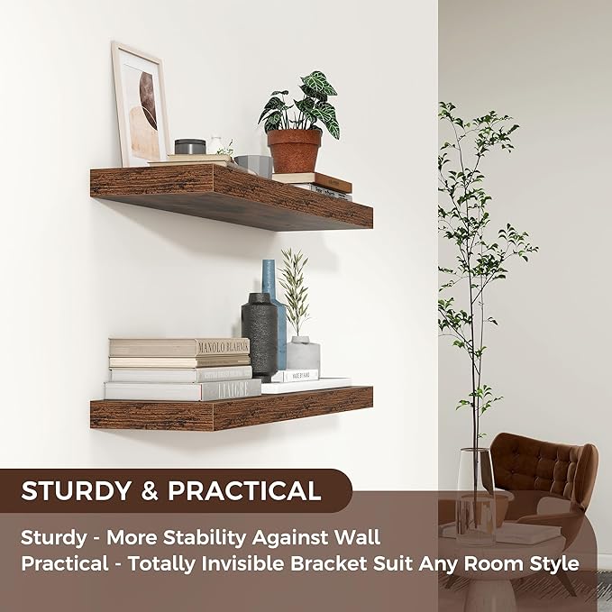 Floating Shelves for Wall, 24"W x 6.7"D x 1.4"H, 2 Pack of Long Wall Mounted Engineered Wood Shelves with Invisible Brackets for Living Room Bedroom Bathroom Kitchen Decor Storage, Rustic Brown-NeatNest