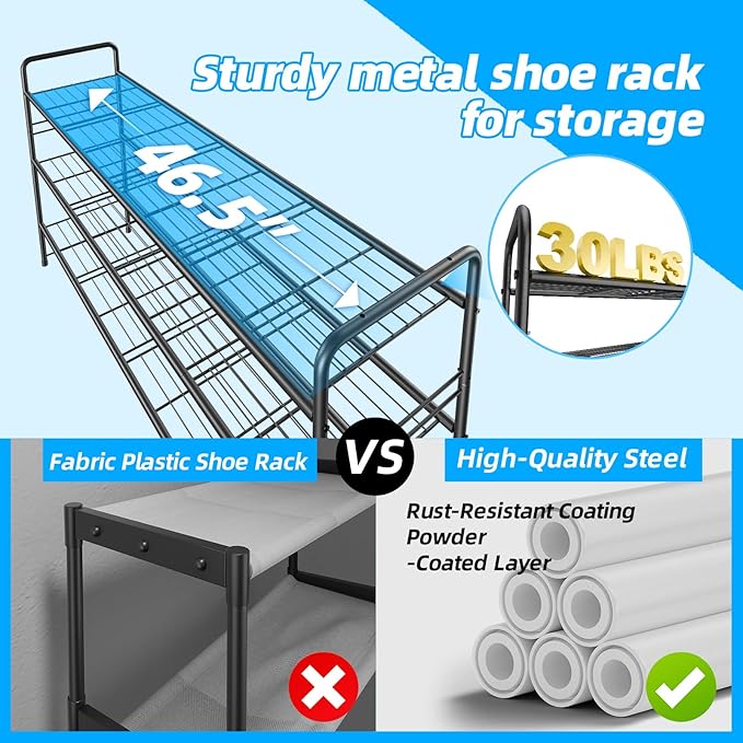 3 Tier Shoe Rack for Closet, 46.5 Inch Extra Long Shoe Storage Organizer for Shelves, Heavy Duty Metal, Easy Assembly, Black-NeatNest