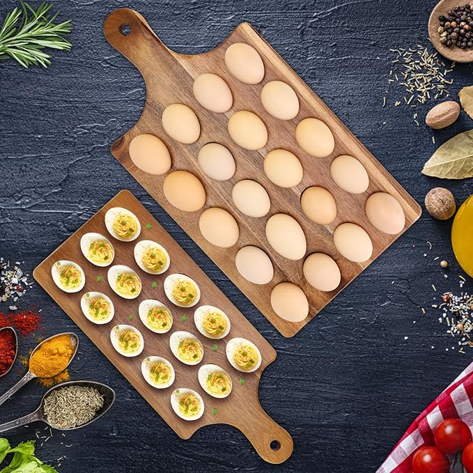 Acacia Wood Egg Platter for Deviled Eggs Container Counter Wooden Charcuterie Board Plates Easter Gift Small Devilled Egg Holder Carrier Cheese Board Hosting Essentials Devil Eggs Dish Serving Tray