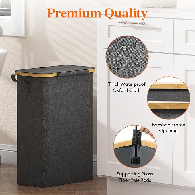 Lifewit 50L Slim Laundry Hamper with Lid, Narrow Laundry Basket with Removable Bag & Bamboo Handles, Fodable Thin Dirty Clothes Hamper for Laundry Collapsible Bin for Bathroom Bedroom Dorm, Dark Gray-NeatNest