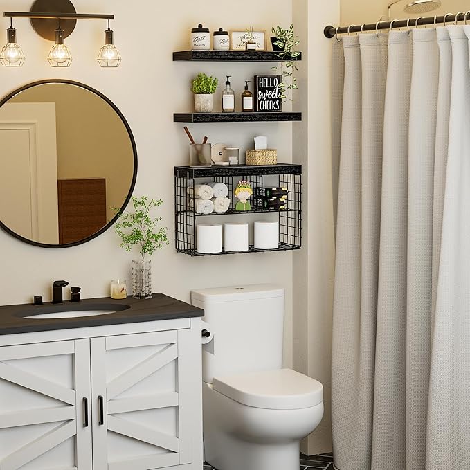 Bathroom Floating Shelves for Wall - Shelf Over Toilet Storage Small Farmhouse Decor Shelves (15.7 inch, Set of 3, Black)-NeatNest