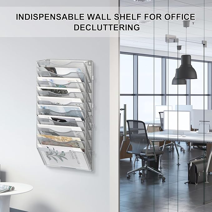 EasyPAG 10 Pocket Wall File Organizer, Silver | Metal Mesh Wall Mounted File Holder | Assembly Hanging Mail Organizer | Replaceable Classify Labels | Office Home Letter Size Paper Storage