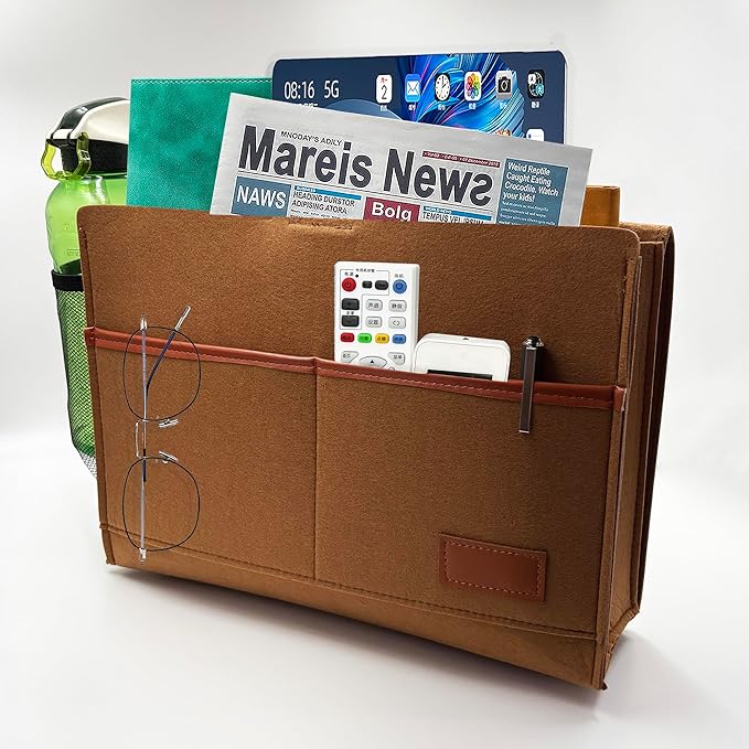 Bedside Caddy,Felt Bedside Storage Organizer, Hanging Storage for Dorm Bed Sofa for tablet Magazine Phone Remotes Water Bottle Holder (Khaki)-NeatNest
