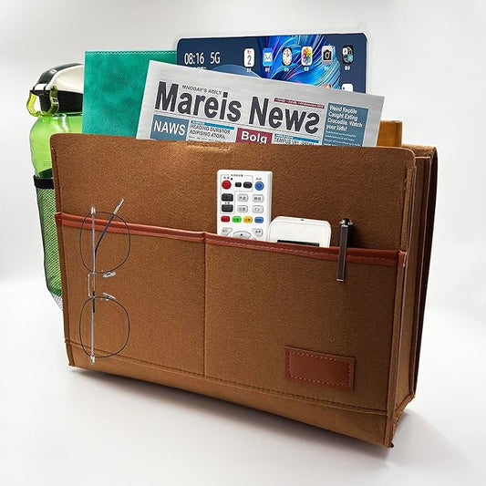 Bedside Caddy,Felt Bedside Storage Organizer, Hanging Storage for Dorm Bed Sofa for tablet Magazine Phone Remotes Water Bottle Holder (Khaki)-NeatNest