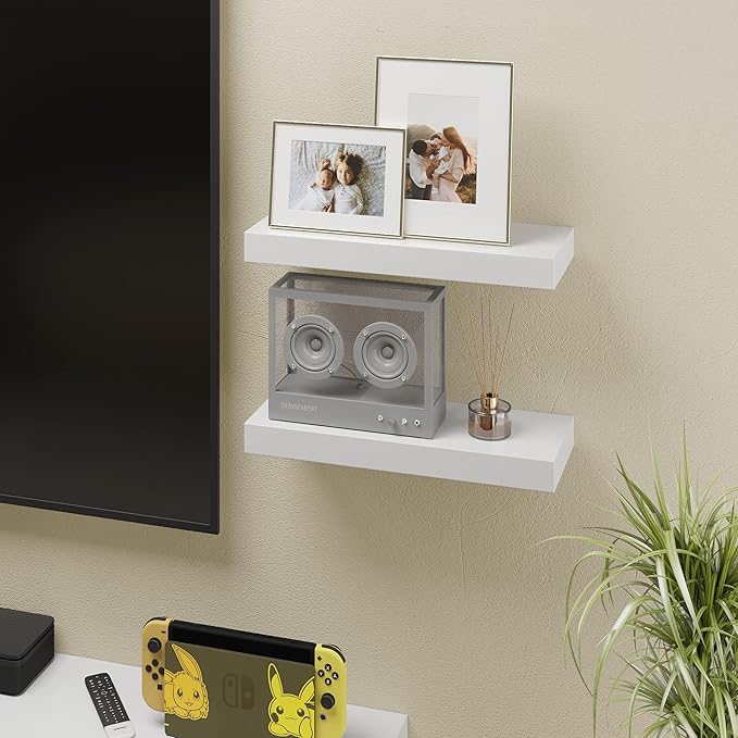 BAMEOS Floating Shelves, White Wall Mounted Wooden Shelves with Invisible Brackets Set of 2, Hanging Wall Shelves Decoration for Bedroom, Bathroom, Living Room and Kitchen-NeatNest