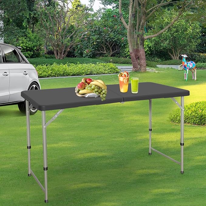 Folding Table 4 Foot Height Adjustable Fold-in-Half Table with Carrying Handle, Small Card Table Indoor Outdoor Use, Black-NeatNest