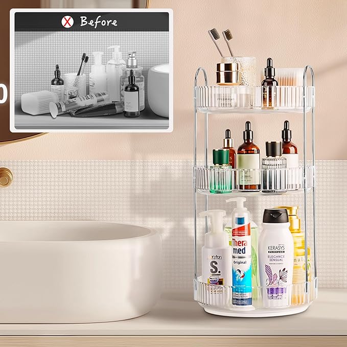 360 Rotating Makeup Organizer for Vanity, Large Capacity Spinning Perfume Organizer, Bathroom Organizer, Cosmetic Skincare Holder Organizer for Countertop (Silver Clear, 3 Tier)-NeatNest