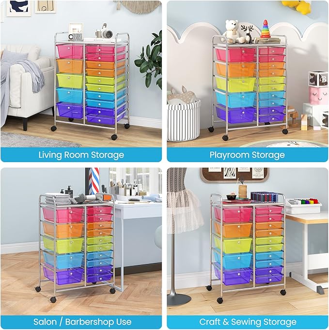 Giantex 15 Drawer Rolling Cart with Drawers, Storage Organizer Cart for Classroom Office School Teacher, Mobile Drawer Cart for Tools, Crafts, Small Printer, Paper (Clear Red+Orange+Green+Blue+Purple)