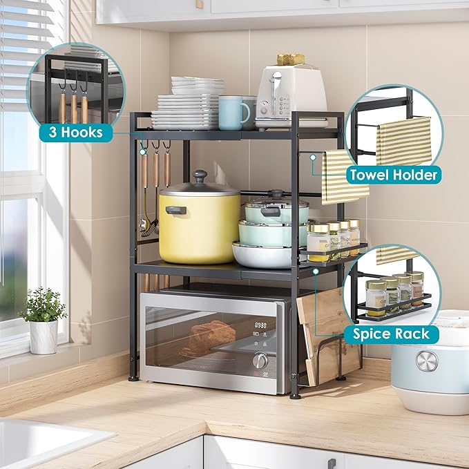 DOLALIKE Microwave Oven Rack, Expandable Microwave Stand Countertop Kitchen Utensils Tableware Storage, Carbon Steel Over Microwave Shelf Countertop with 6 Hooks-NeatNest