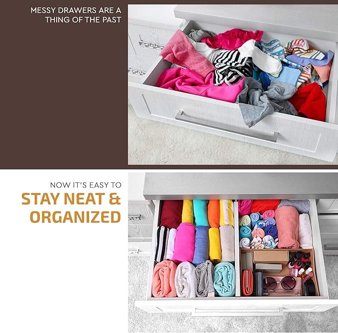4 Pack Drawer Dividers Bamboo 2.6" High, 12.5"-17" Adjustable Drawer Organizers for Clothes, Expandable Dresser Separators in Bedroom/Bathroom/Kitchen/Office Organization and Storage (White)-NeatNest