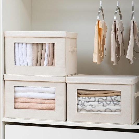 Citylife 4-Pack Storage Bins with Lids, Fabric Foldable Storage Bins with Soft Cord Handles, Cube Closet Storage Baskets with Lids, Organizers for Organizing Clothes and Books, Beige-NeatNest