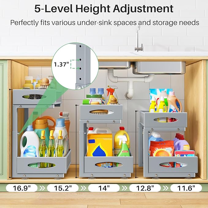 Under Sink Organizer, 2 Tier Pull out Cabinet Organizer Baskets with Mesh Sliding Drawers, Slide out Storage Shelf for Home, Kitchen, Bathroom, Pantry, Office, Countertop(1 Pack,Grey)-NeatNest