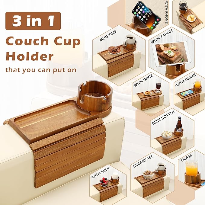 Couch Cup Holder Tray, 15.75" Acacia Wood Couch Armrest Table, 3 in 1 Foldable Sofa Clip on Side Table with 360° Phone Stand, Armrest Tray for Coffee Snacks-NeatNest