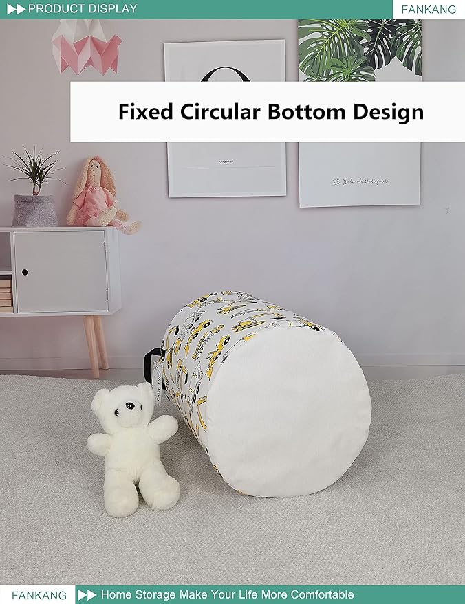 FANKANG Storage Basket, Nursery Hamper Canvas Laundry Basket Foldable with Waterproof PE Coating Large Storage Baskets for Kids Boys and Girls, Office, Bedroom, Clothes,Toys(excavator)