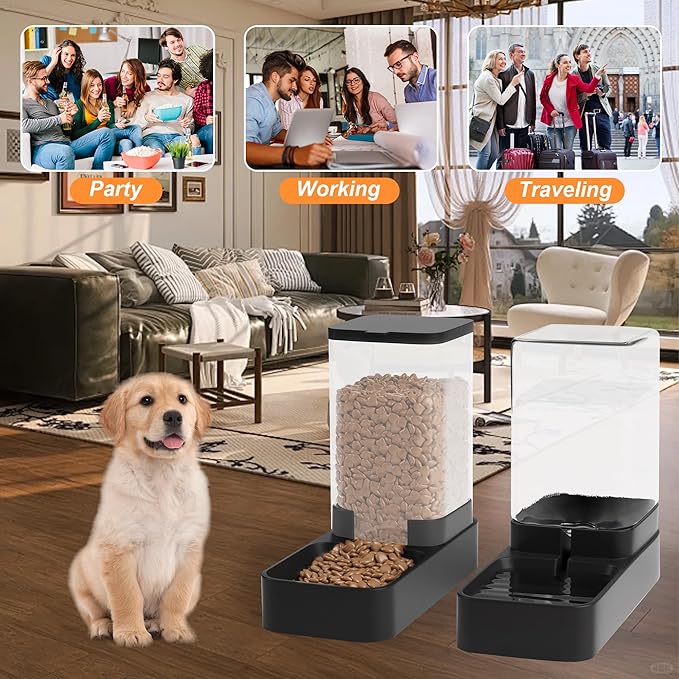 Automatic Cat Feeder and Water Dispenser in Set with Pet Food Bowl,Gravity Dog Waterer and Food Feeder for Small Medium Dog Cat Puppy Kitten Large Capacity(3.3L,Black)-NeatNest