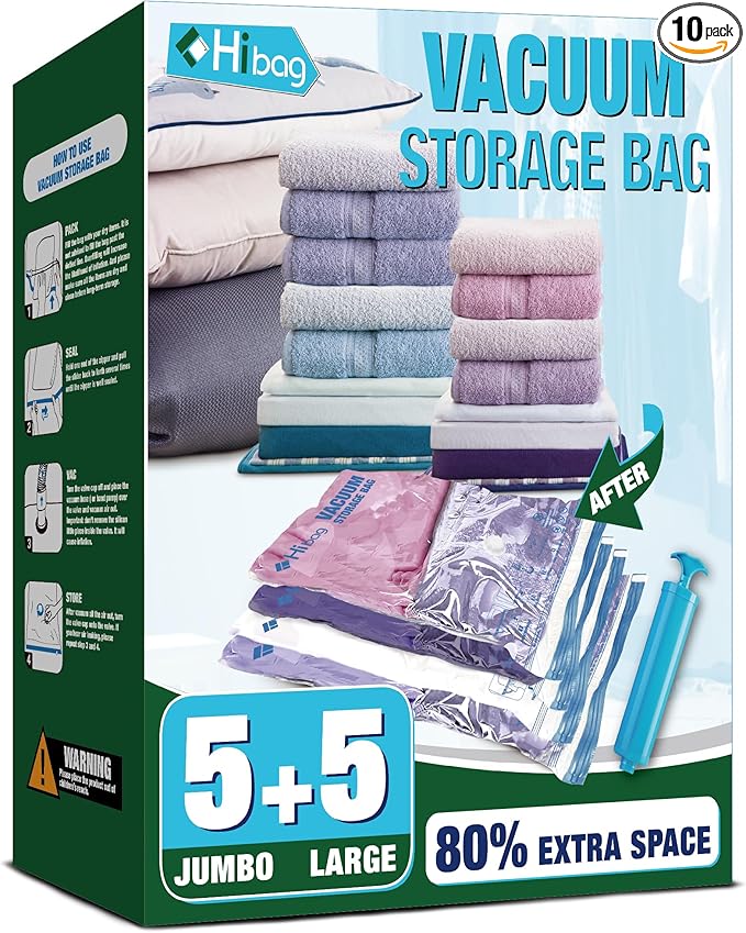 Vacuum Storage Bags, 5 Jumbo and 5 Large Space Saver Vacuum Seal Bags, Space Bags, Vacuum Seal Bags for Clothing, Clothes, Blankets, Bedding (5 Jumbo 5 Large)-NeatNest
