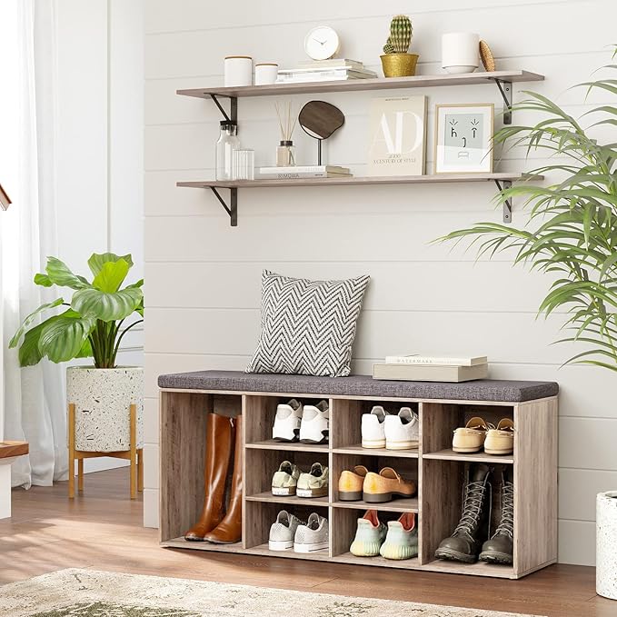 DINZI LVJ Shoe Storage Bench with Cushion, Cubby Rack with 12 Cubbies, Adjustable Shelves, Multifunctional Organizer Bench for Entryway, Mudroom, Hallway, Closet and Garage, Greige-NeatNest