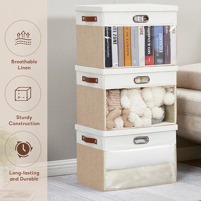 Fabric Clear Window Storage Bins with Lid, Closet Storage Box Linen Closet Baskets with 3 Handles for Organizing Clothing, Jeans, Shelves 17''- 3 Pack (Beige and White)