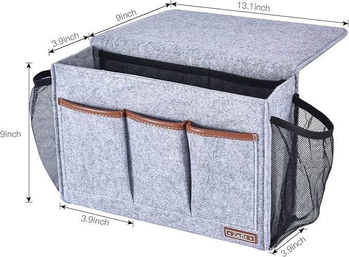 Bedside Caddy, Large Size Storage Organizer with 8 Pockets - Perfect for Magazine, Remotes, Phone (13.4'' x 18.1'', Light Grey)-NeatNest