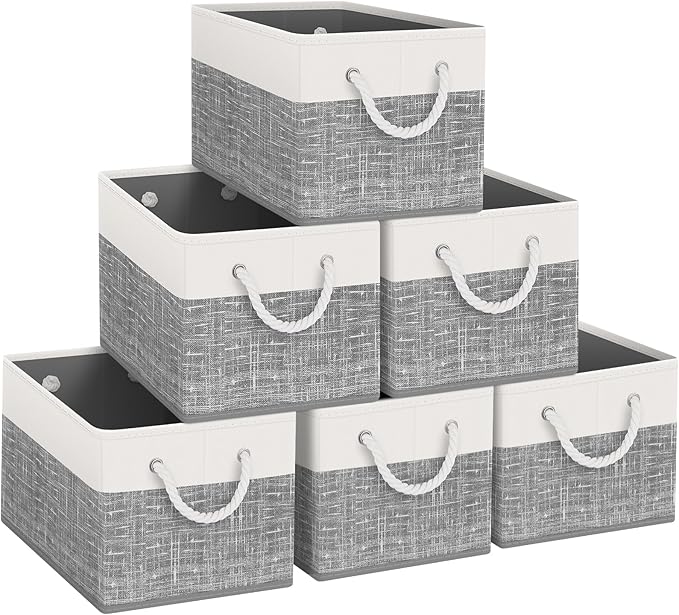 Fab Totes Foldable Storage Baskets - 6-Pack, Organize Toys, Books, Shelves, Closet - Large Storage Box with Rope Handles, Sturdy White & Grey Bins-NeatNest