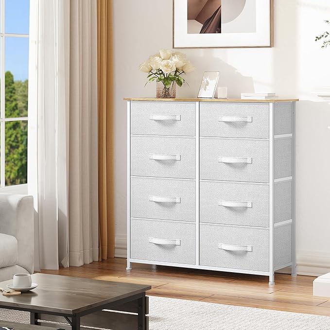 DWVO Fabric Dresser for Bedroom, Tall Dresser with 8 Drawers, Storage Tower with Fabric Bins, Chest of Drawers for Closet & Living Room - Sturdy Steel Frame, Wooden Top-NeatNest