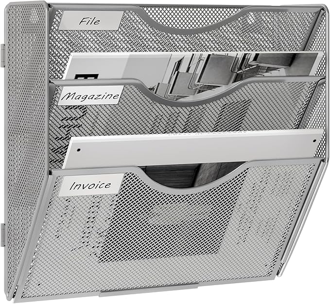 EasyPAG 3 Pocket Wall File Organizer, Silver | Metal Mesh Wall Mounted File Holder | Assembly Hanging Mail Organizer | Replaceable Classify Labels | Office Home Letter Size Paper Storage