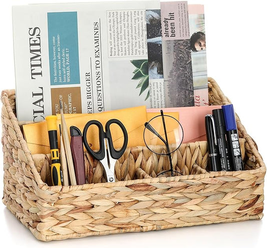 Desk Organizer – Countertop Mail Organizer, Magazine Holder, Boho Decor Water Hyacinth Desk Mail Holder for Home Office, Farmhouse, 12.6" L x 6.7" W x 6.3" H-NeatNest