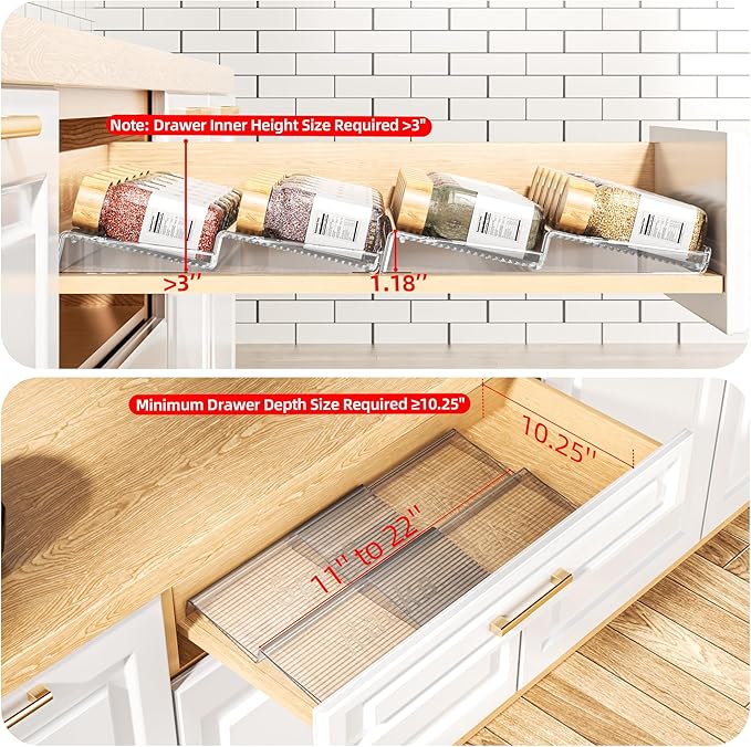 Spice Drawer Organizer, 2 Tier- 2 Pack Clear Acrylic Drawer Seasoning Organizer, Expandable From 11'' to 22'' Kitchen Spice Rack Organizers and Storage for Drawer (Jars not included)