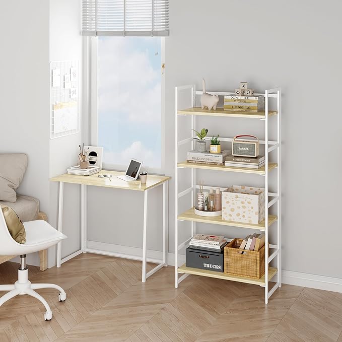 BHG Vintage Multifunctional Folding Bookshelf, No-Assembly Plant Stand Storage Rack Shelves for Home Office (White, 4-Tier)-NeatNest