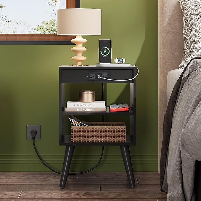 WLIVE Black Nightstand, Night Stand with Charger Station, Bedside Tables, Side Table with Storage Shelf, End Table with USB Ports and Outlets for Bedroom, 15.12" D x 11.73" W x 23.74" H