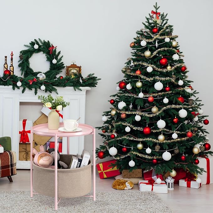 danpinera Round Side Table with Fabric Storage Basket, Metal Side Table Small Bedside Nightstand with Removable Tray Top for Living Room, Bedroom, Nursery, Laundry, Light Pink-NeatNest