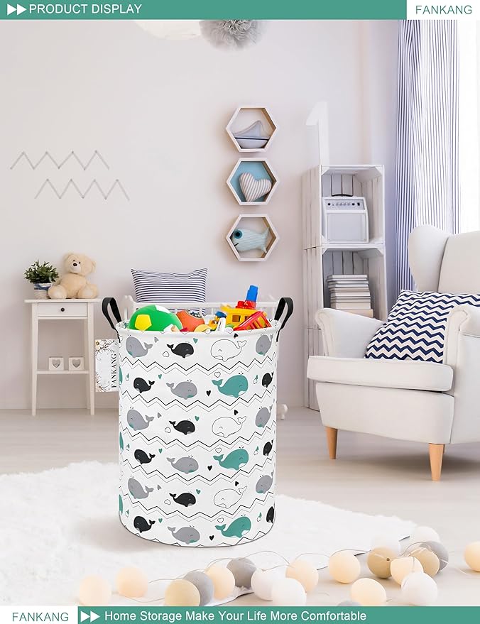 FANKANG Storage Basket, Nursery Hamper Canvas Laundry Basket Foldable with Waterproof PE Coating Large Storage Baskets for Kids Boys and Girls, Office, Bedroom, Clothes,Toys(Whales)