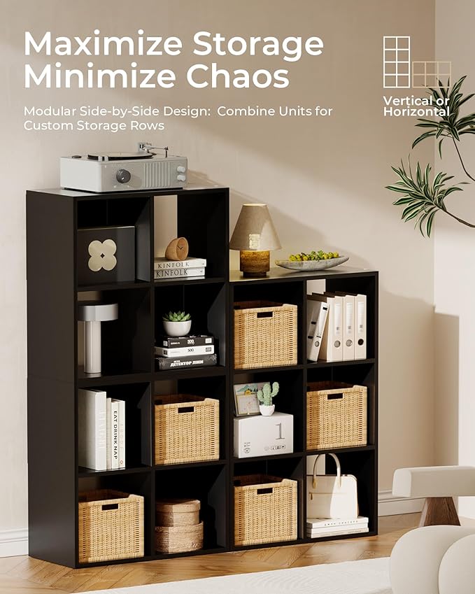 GTPLAYER 8-Cube Storage Organizer, Fits 11" Bins, Vertical or Horizontal Use, Opening Bookshelf, Partial Back Panels, Stackable Design Bookcase, for Living Room, Media Console, Hallway, Black