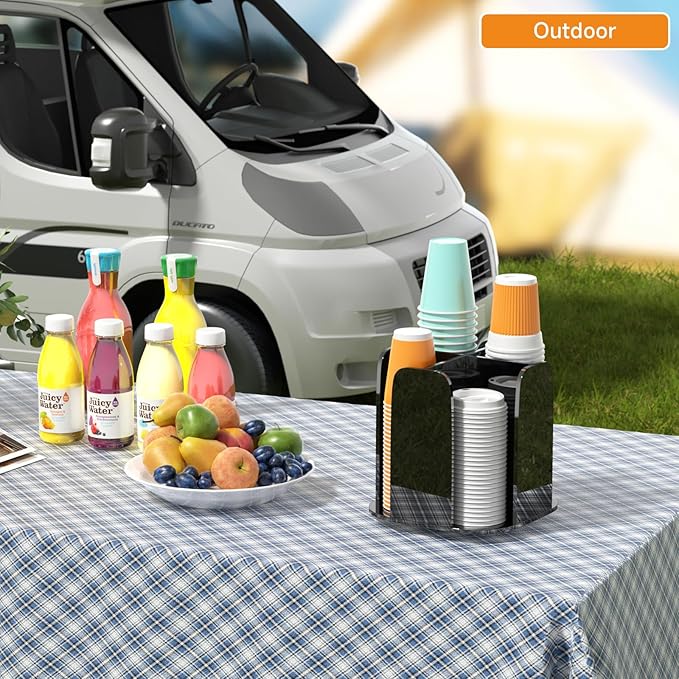 Beego Coffee Cup Holder Organizer - Rotatable 4 Compartments Black Acrylic Cup Dispenser Station With Lid Carousel - Countertop Plastic Cup Holder for Restaurant Breakroom Bar Accessories-NeatNest