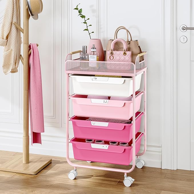 Rolling Cart with 4 Drawers,4 Tiers Rolling Utility Cart Craft Cart,Rolling Storage Drawer Cart with Mesh Top,Storage Cart with Drawers & 4 PCS DIY Lable, Rose Pink