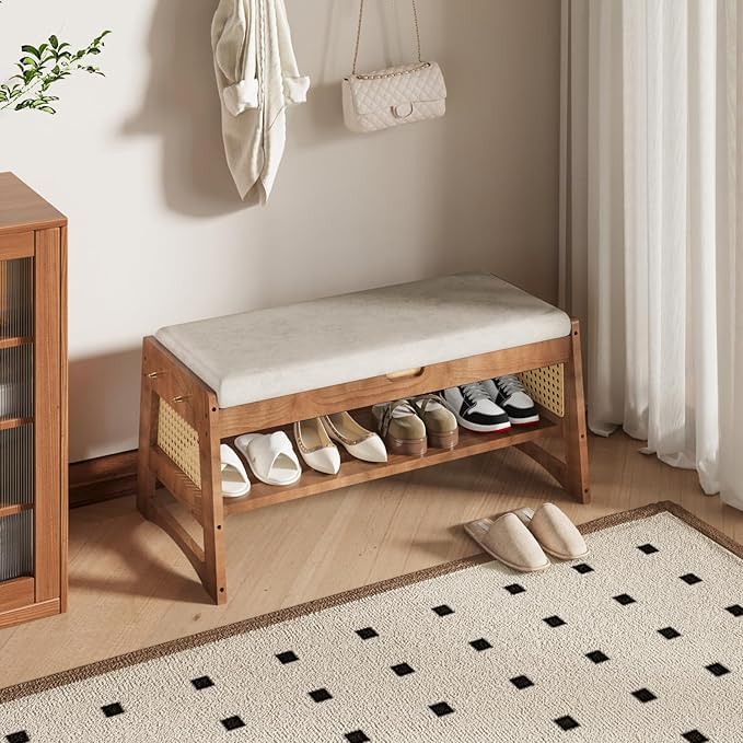 Shoe Rack Bench, 35.4" Solid Wood Entryway Bench with Flip-Top Storage, Cushion, Side Hooks, Shoe Organizer for Front Door Entrance, Hallway, Foyer, Closet, Living Room, Bedroom