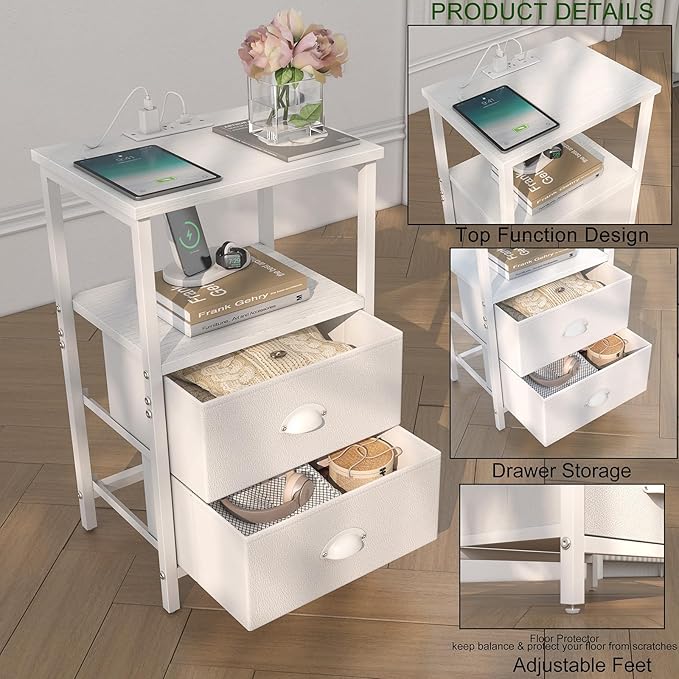 Nightstand with Charging Station, LED Night Stand with 2 Fabric Drawers PU Finish, Bedside Tables End Table with LED Light, 3-Tier Storage Side Table Nightstand with Drawers for Bedroom,White